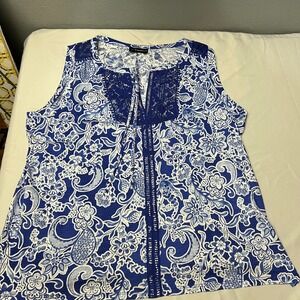 Raffaella Blue White Floral Lace V‎ Neck Sleeveless Casual Summer Top Womens XL